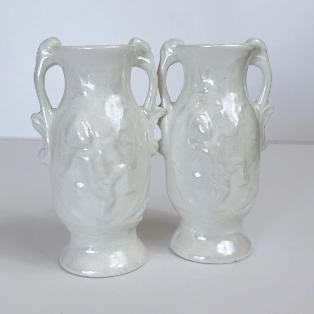 Vintage White Lusterware Cherub Mantle Vase Pair Mid Century Cherubs Set 2